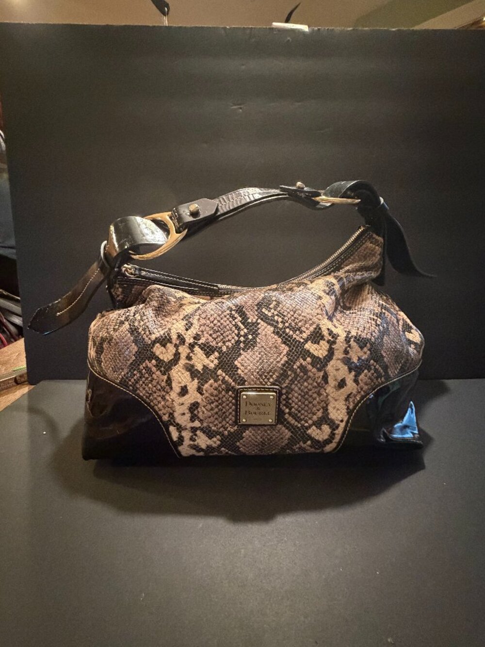 Dooney and Bourke Nikki Python Patent Leather Hobo Brown/Tan/Black